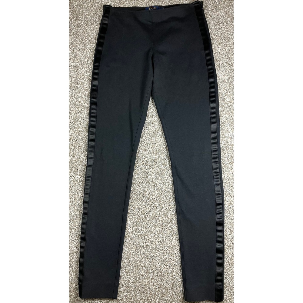 Polo Ralph Lauren Women Black Satin Tuxedo Stripe Ponte Leggings Size 4 Slim Fit